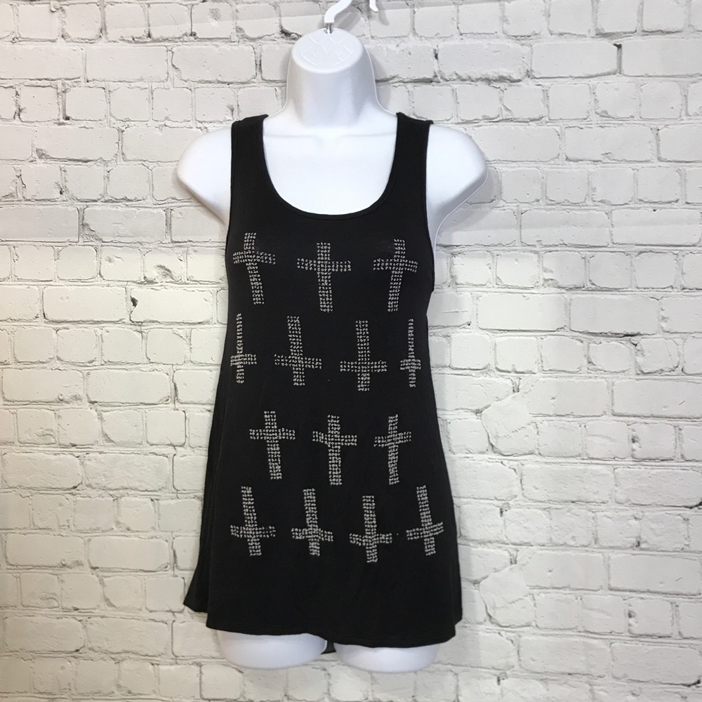 ISSI S Black Tank Sheer Back White Beaded Crosses